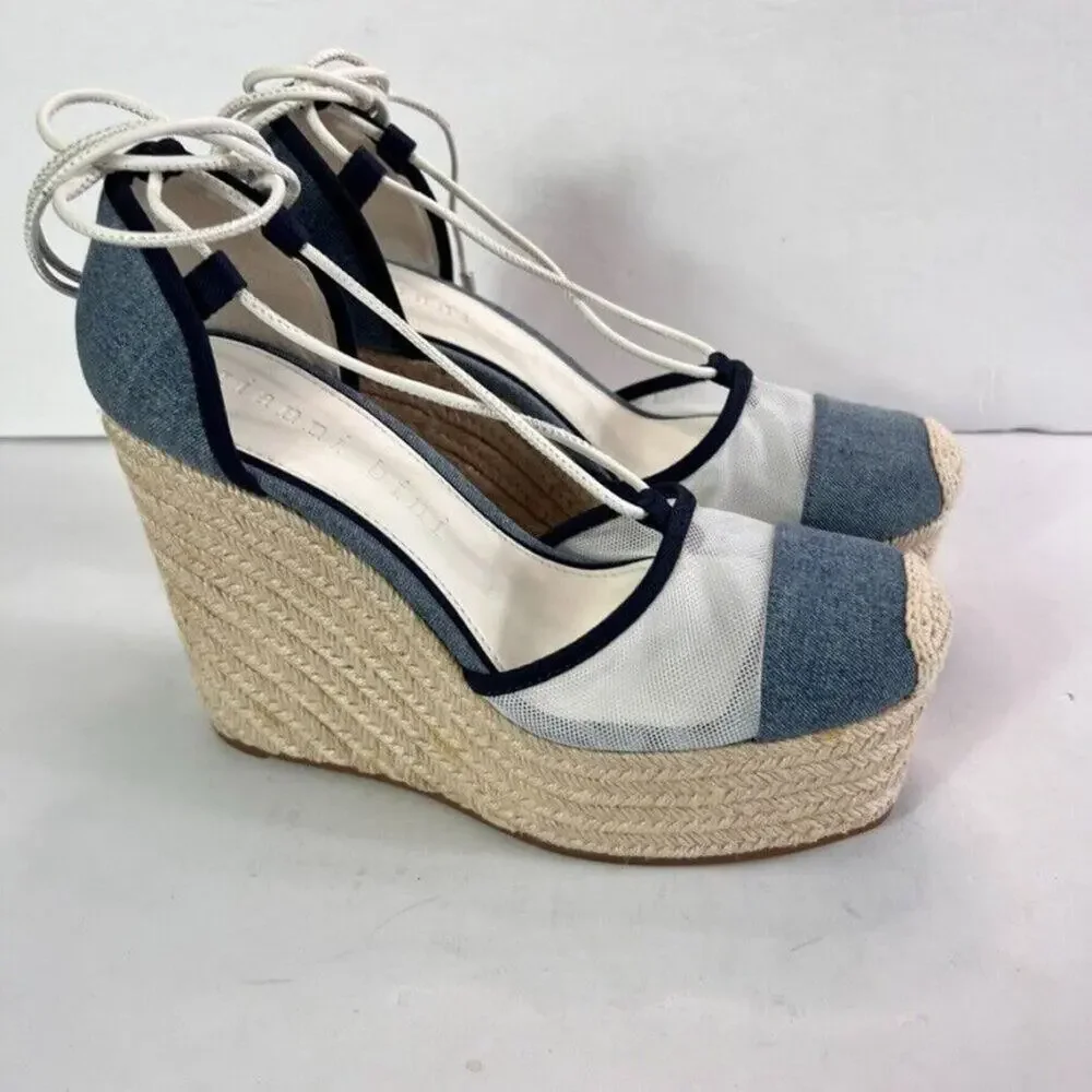 Gianni Bini Sandals Platform Wedges Women 7 Blue Denim Mesh Espadrille Gladiator - Picture 13 of 13